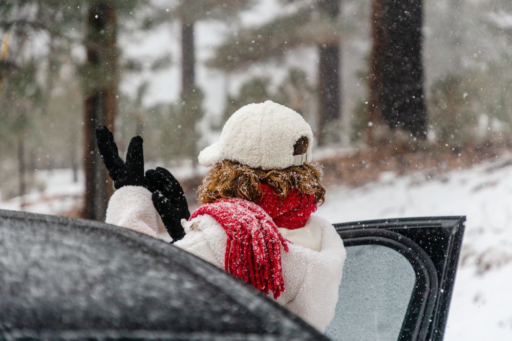 雪が降る中で車を降りる女性