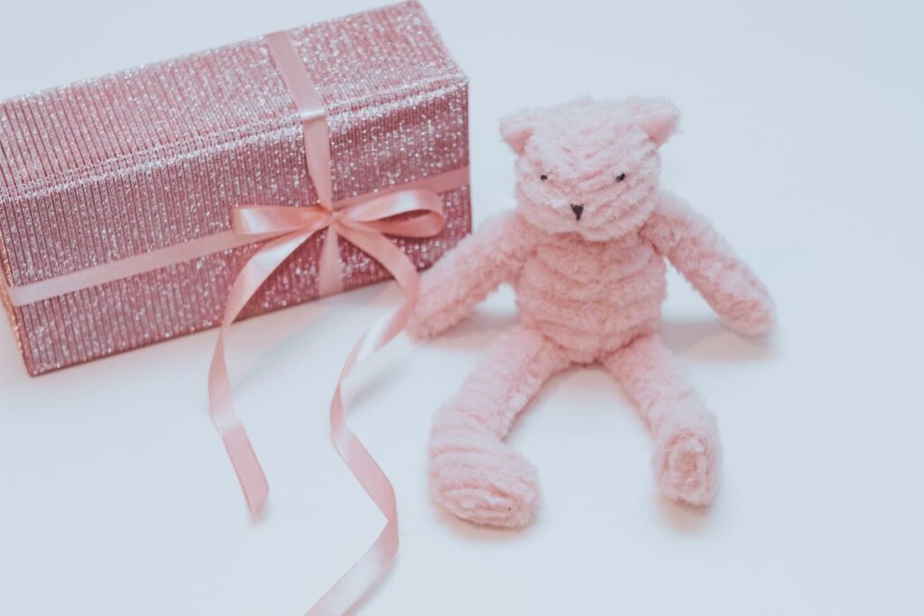 ピンクのプレゼント箱とピンクのぬいぐるみ